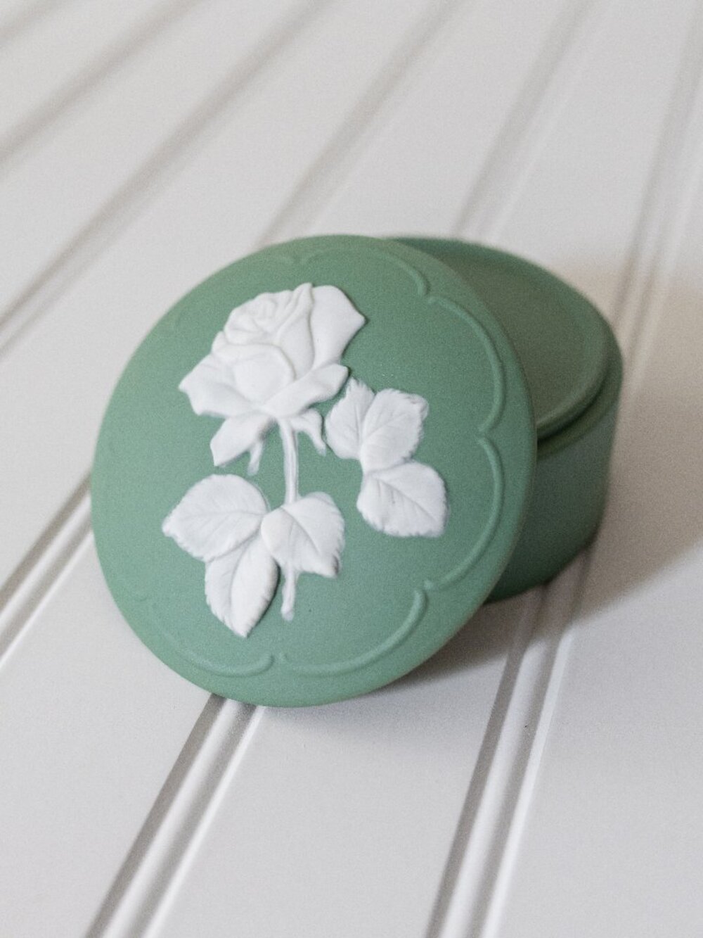 Sage Green Jasperware Ceramic Trinket Box  • White Rose Cameo • Made in Japan